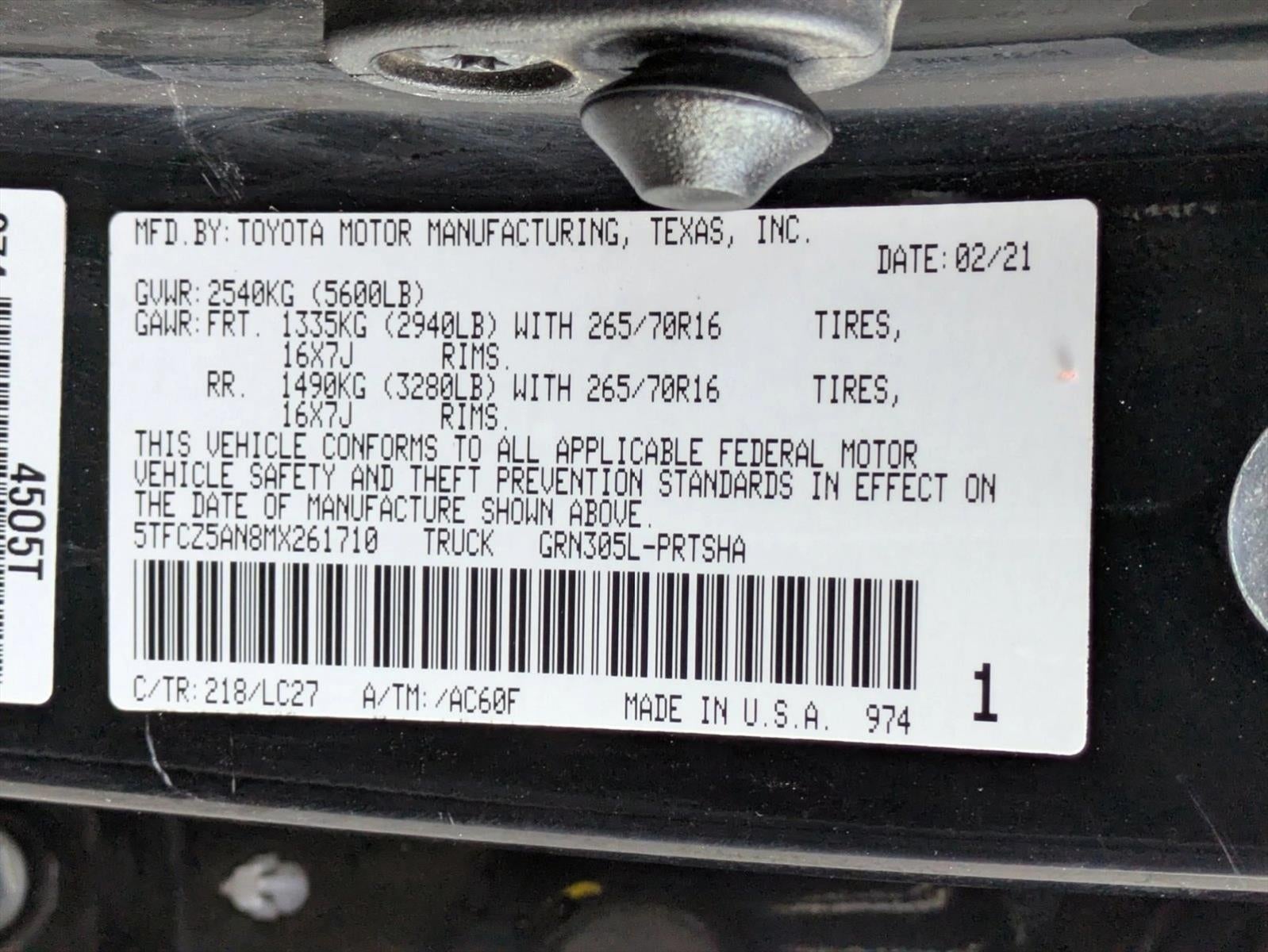 2021 Toyota Tacoma 4WD 4WD TRD Off Road Double Cab 5' Bed V6 AT (Natl)