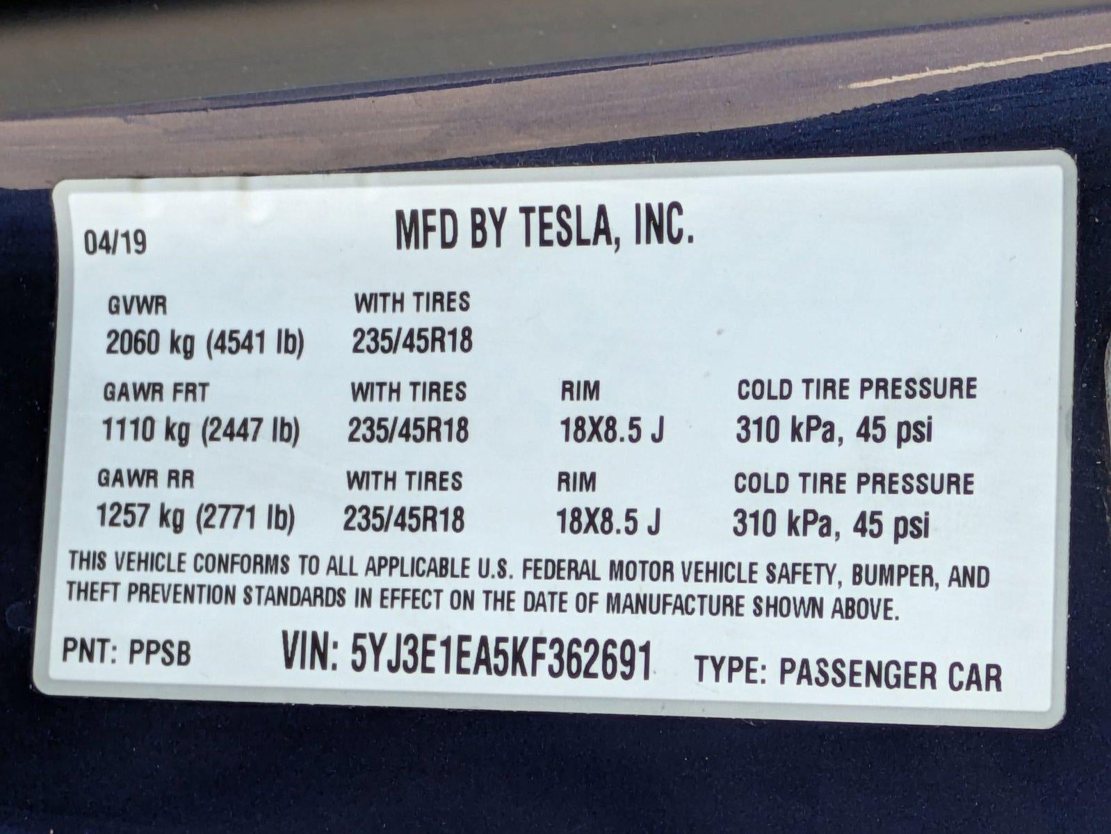 2019 Tesla Model 3 Standard Range Plus RWD