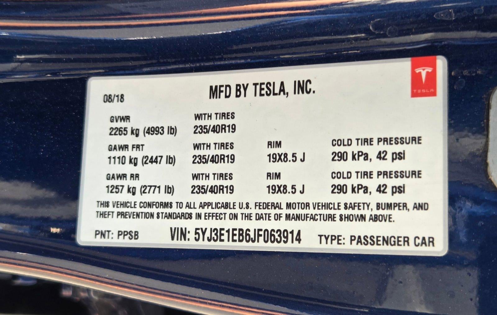 2018 Tesla Model 3 Long Range Battery AWD